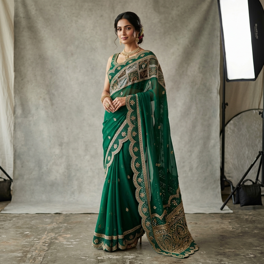 Emerald Georgette Bits Saree